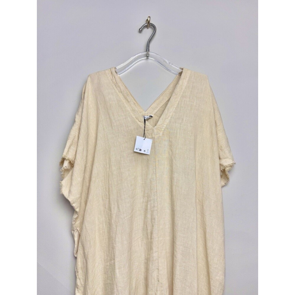 Zara Womens Linen Blend Maxi Dress Large Beige Cap Sleeve Long V Neck - Picture 4 of 6